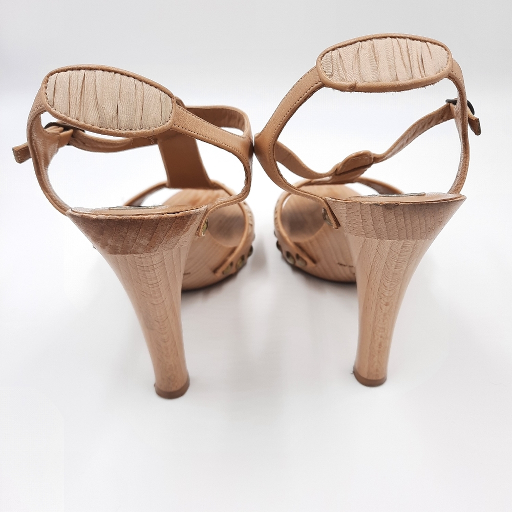 MANOLO BLAHNIK Y2K Wood Platform Sandal Heel Bohemian Coquette 70s Tan 37 EU - Picture 10 of 14